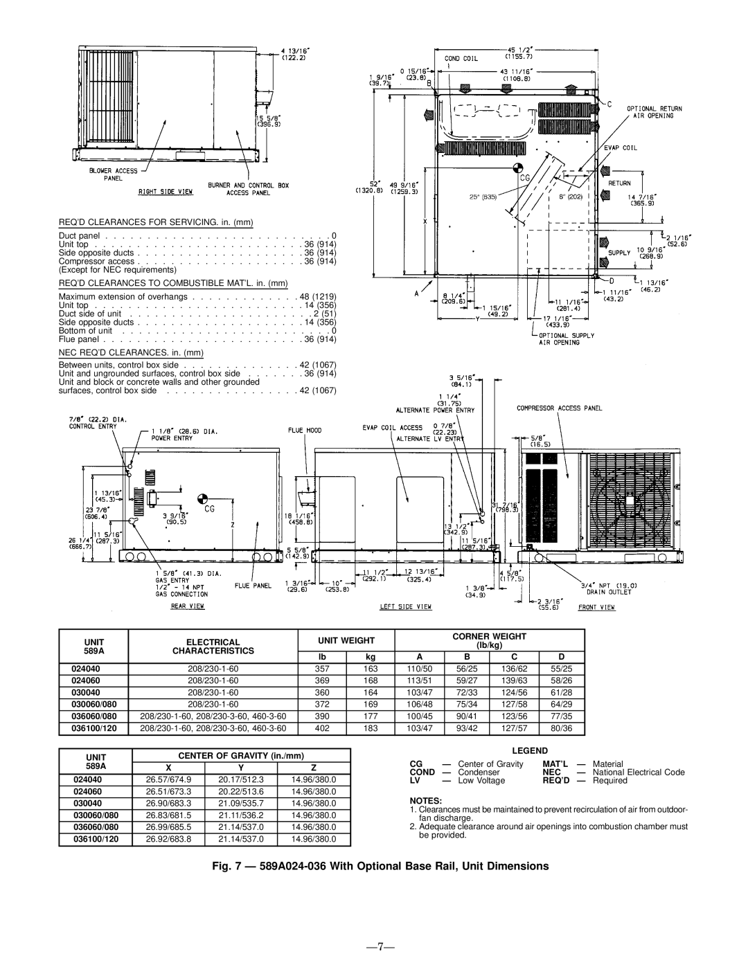 Bryant 588A user manual 589A024-036 With Optional Base Rail, Unit Dimensions, Ð7Ð 