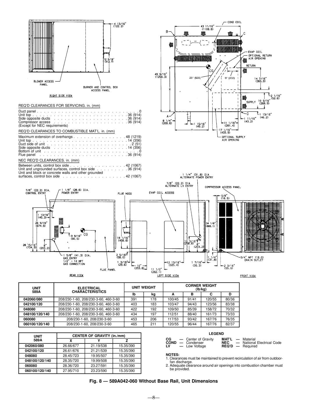 Bryant 588A user manual 589A042-060 Without Base Rail, Unit Dimensions, Ð8Ð 