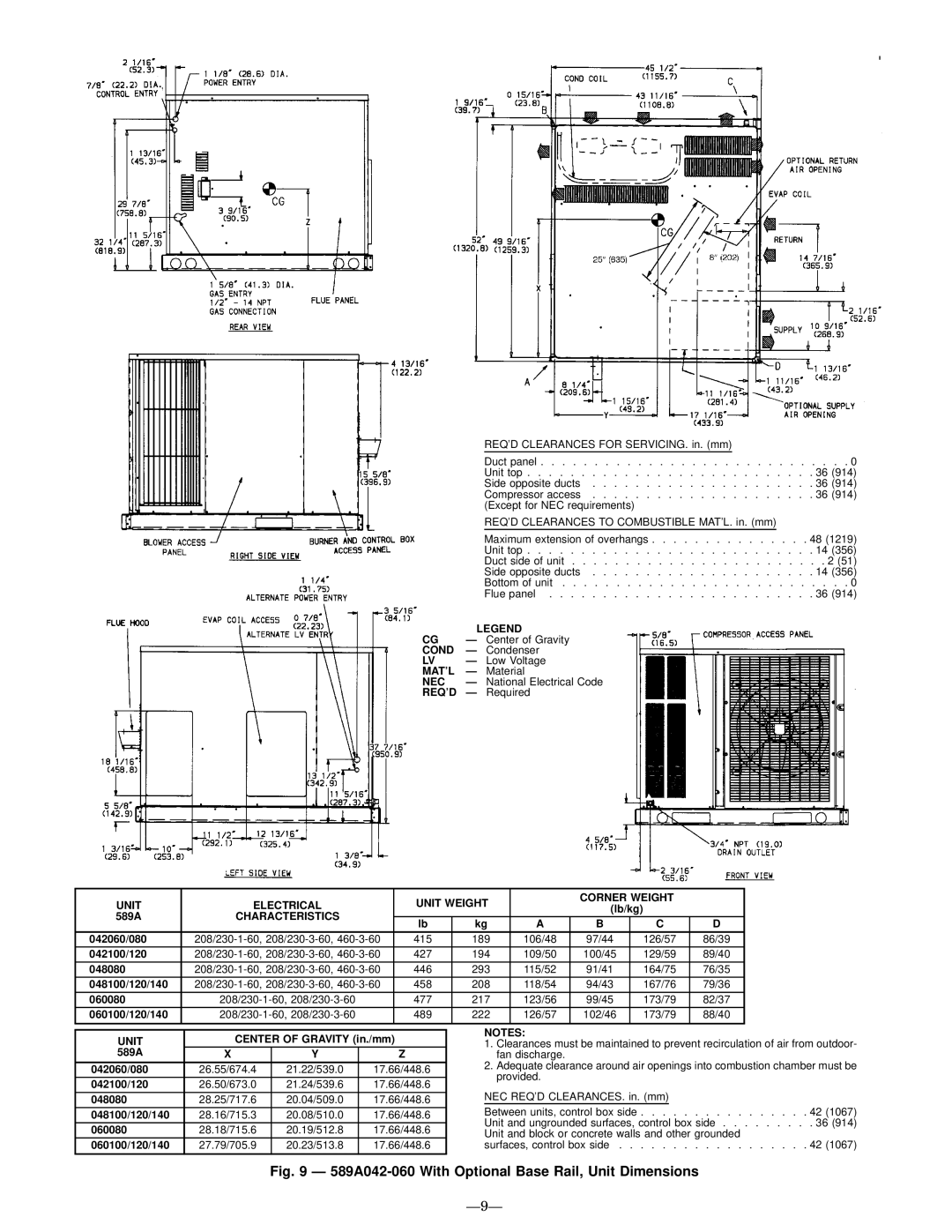 Bryant 588A user manual 589A042-060 With Optional Base Rail, Unit Dimensions, Ð9Ð 