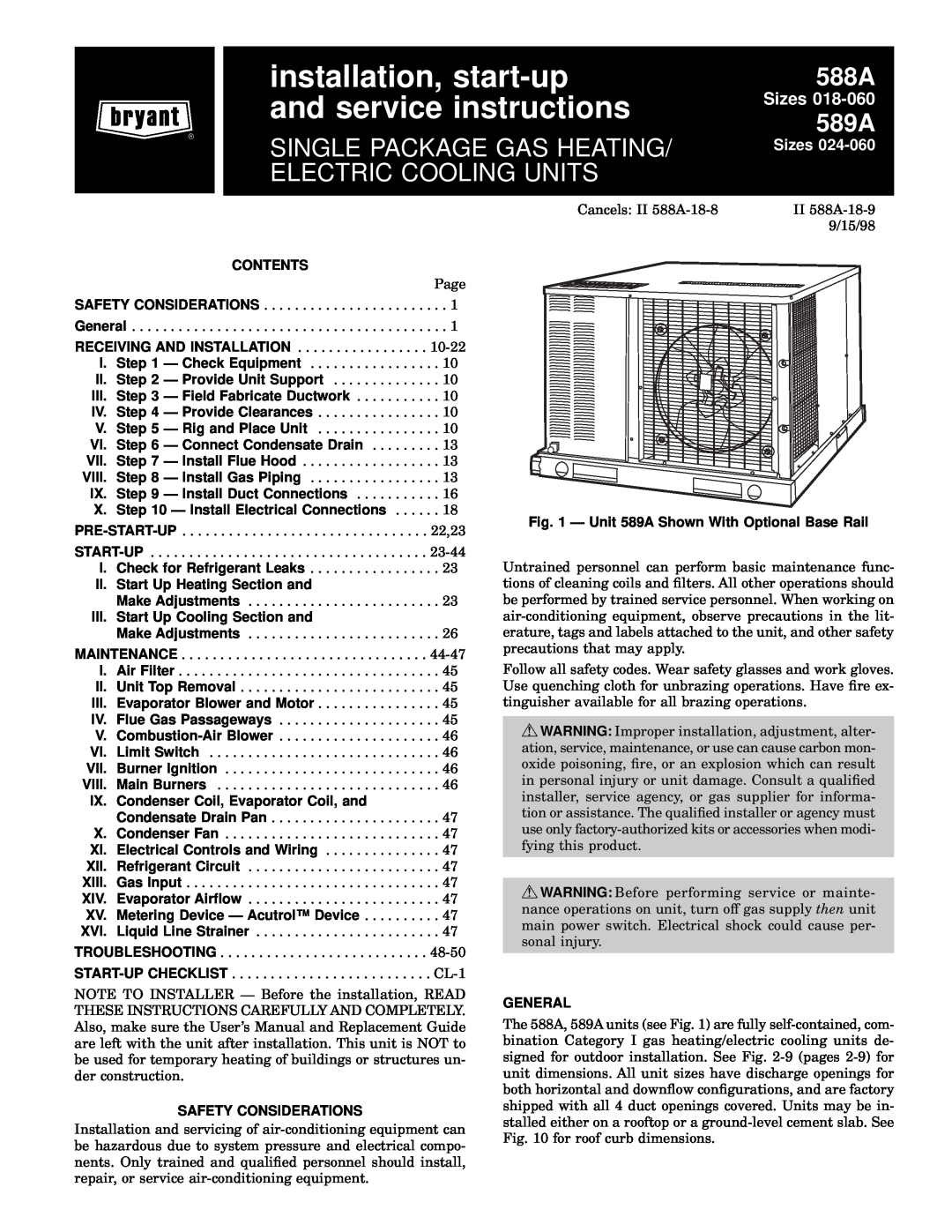 Bryant 589A user manual Contents, II. Start Up Heating Section and, III. Start Up Cooling Section and, General, 588A 