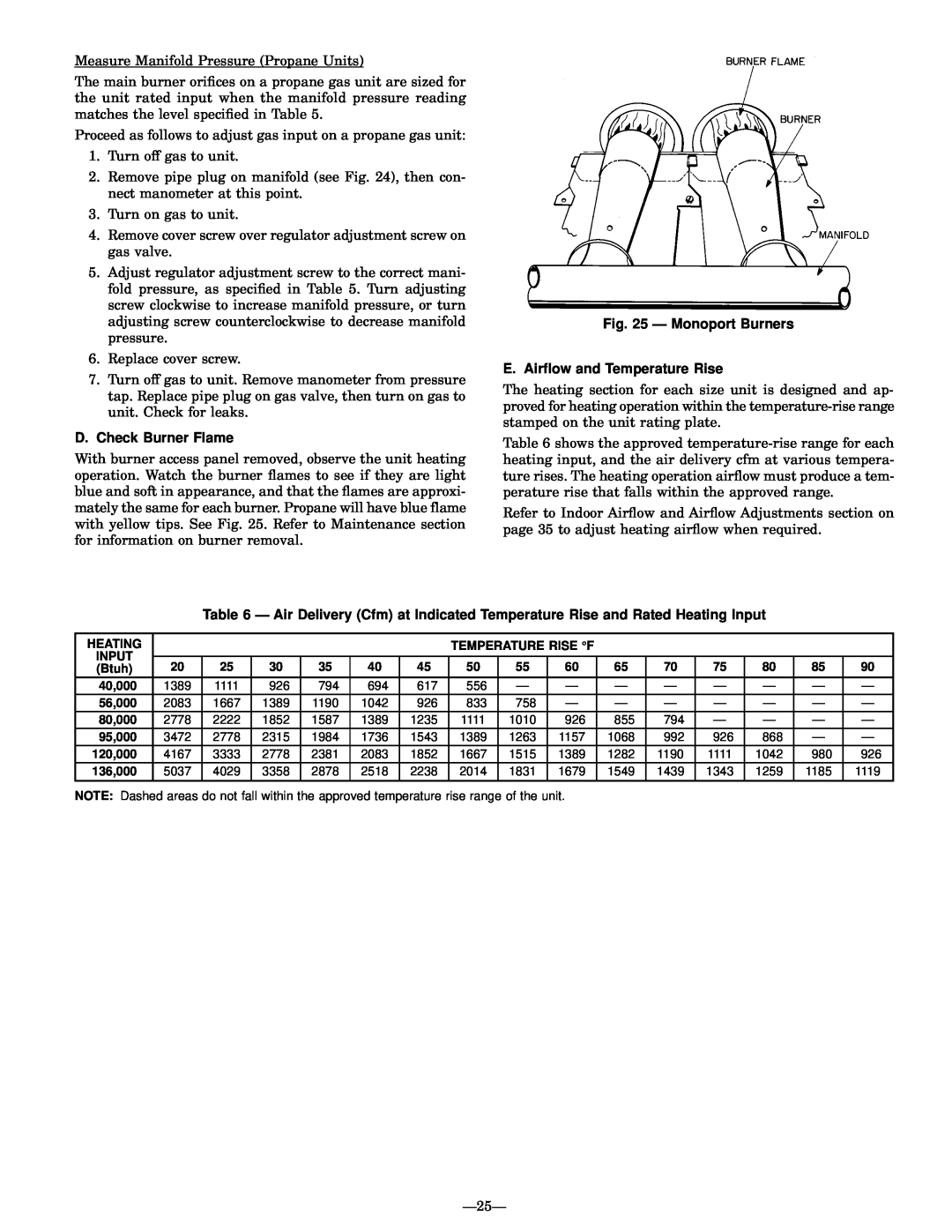 Bryant 589A, 588A user manual D.Check Burner Flame, Ð Monoport Burners, E. Air¯ow and Temperature Rise 