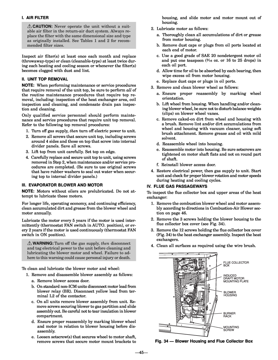 Bryant 589A, 588A user manual I. Air Filter, Ii. Unit Top Removal, Iii.Evaporator Blower And Motor, Iv. Flue Gas Passageways 