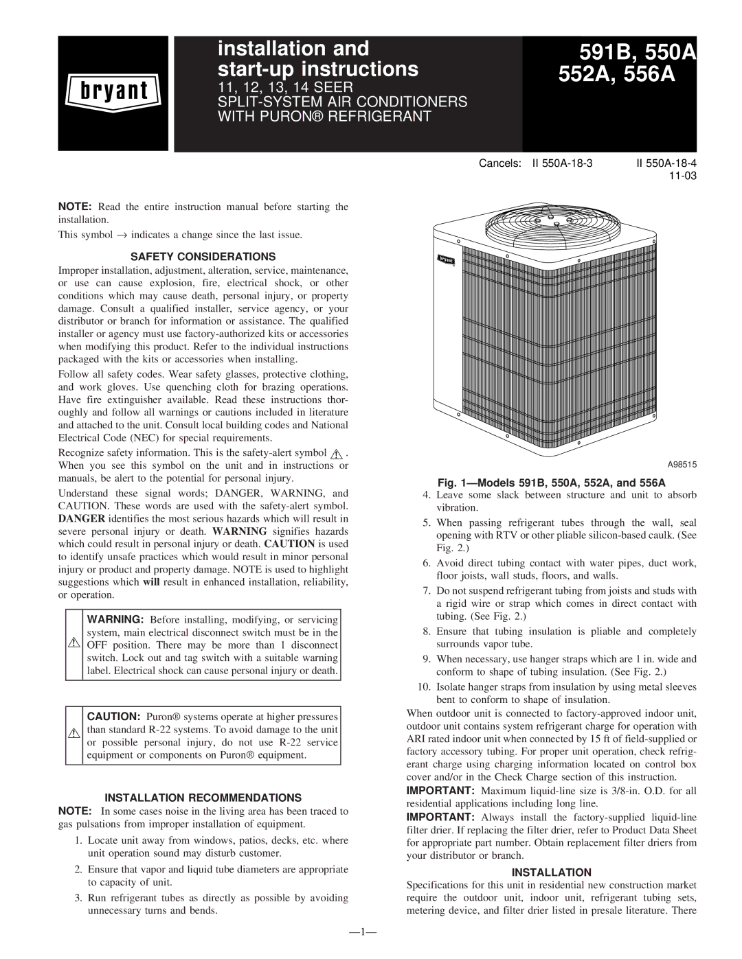 Bryant 591B instruction manual Safety Considerations, Installation Recommendations 