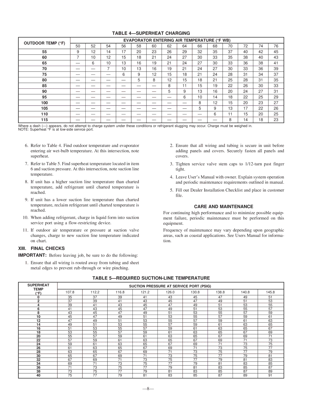 Bryant 591B Superheat Charging, XIII. Final Checks, Care and Maintenance, Required SUCTION-LINE Temperature 