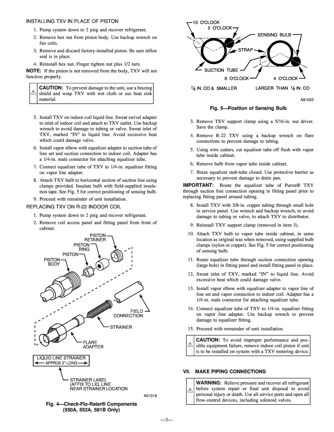 Bryant 591B instruction manual Installing Txv In Place Of Piston, REPLACING TXV ON R-22INDOOR COIL, Positionof Sensing Bulb 