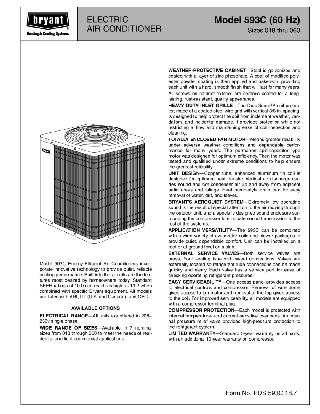 Bryant warranty Model 593C 60 Hz 