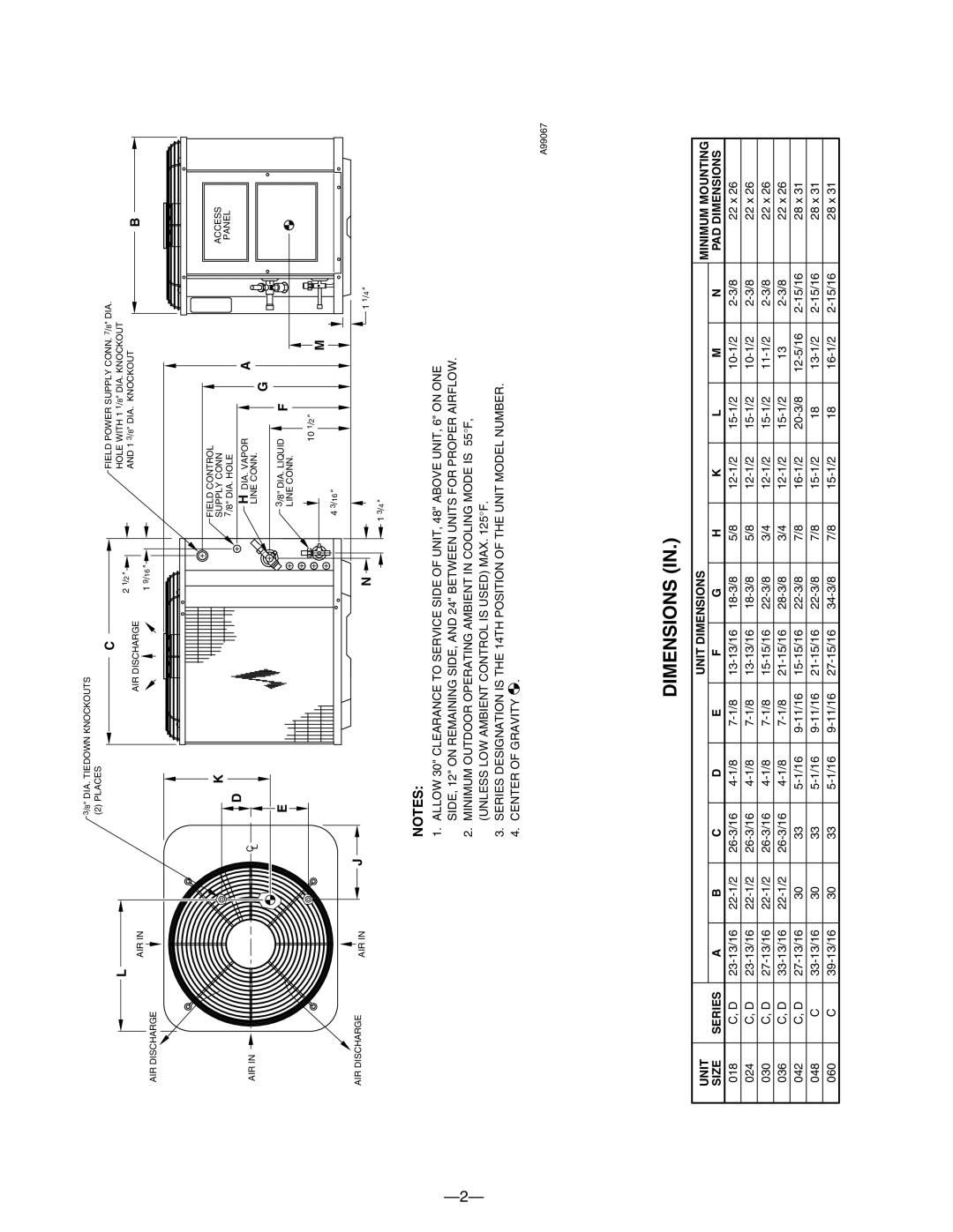 Bryant 593C warranty Unit Unit Dimensions Minimum Mounting Size 