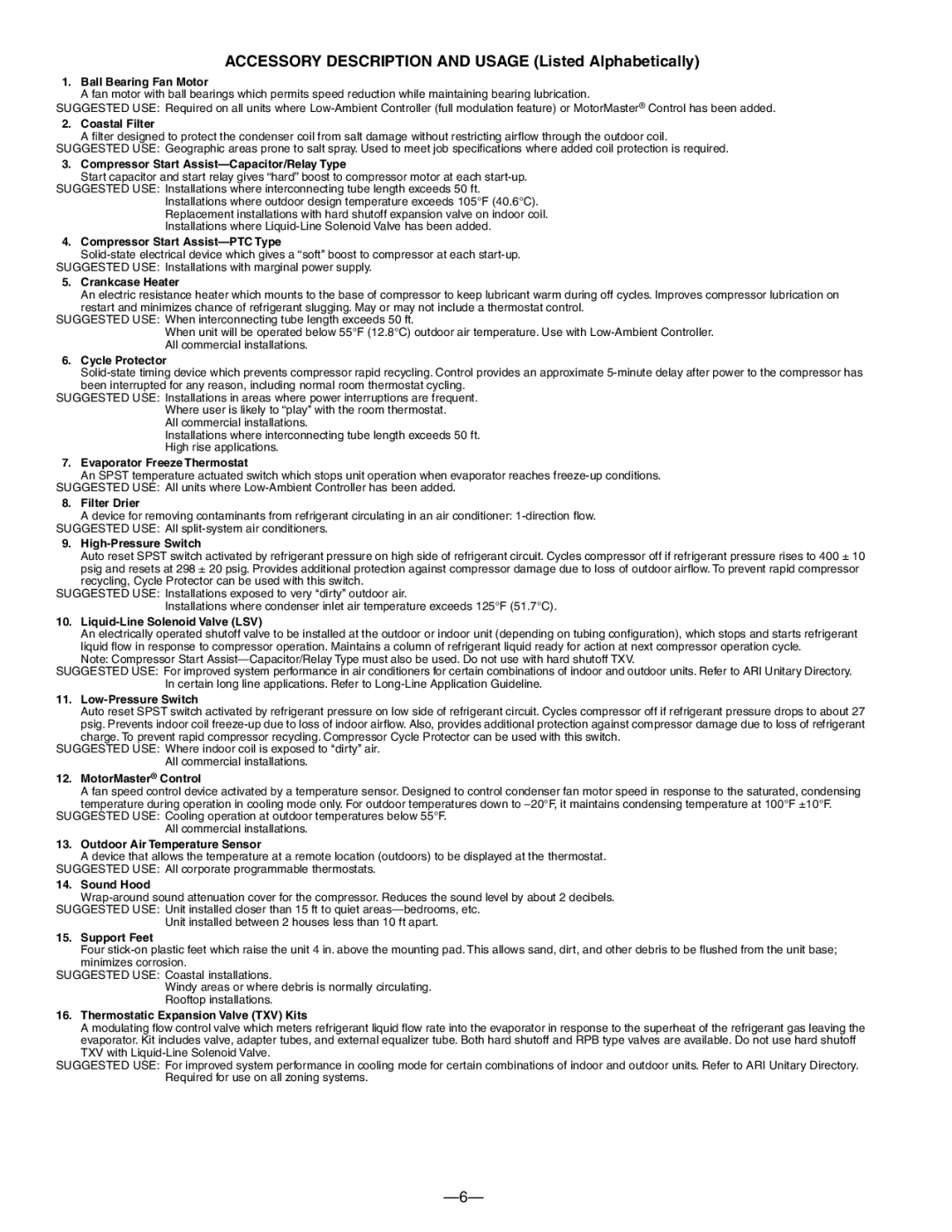 Bryant 593C warranty Accessory Description and Usage Listed Alphabetically, Ball Bearing Fan Motor 