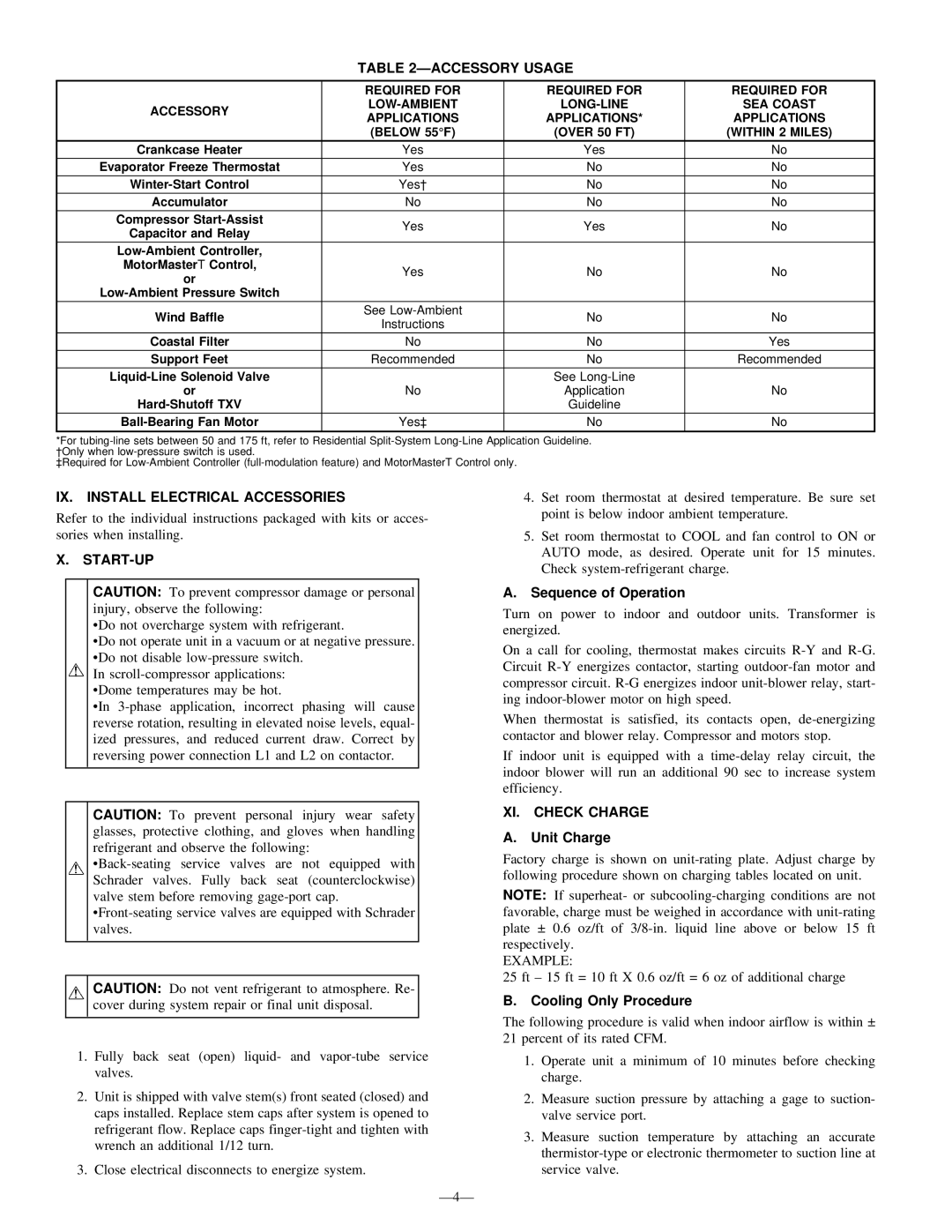 Bryant 597C instruction manual Accessory Usage, IX. Install Electrical Accessories, Start-Up, XI. Check Charge 