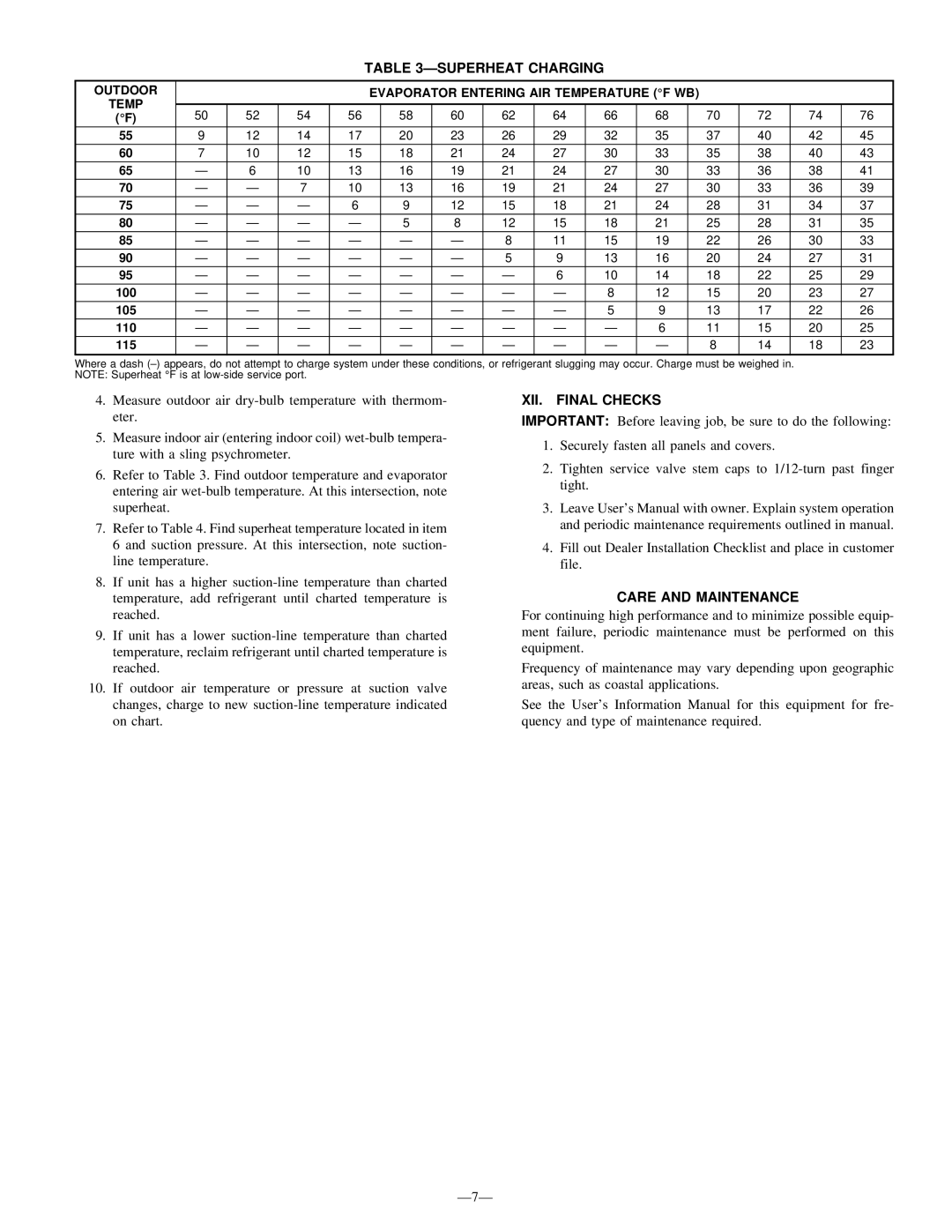 Bryant 597C Superheat Charging, XII. Final Checks, Care and Maintenance, Outdoor Evaporator Entering AIR Temperature F WB 
