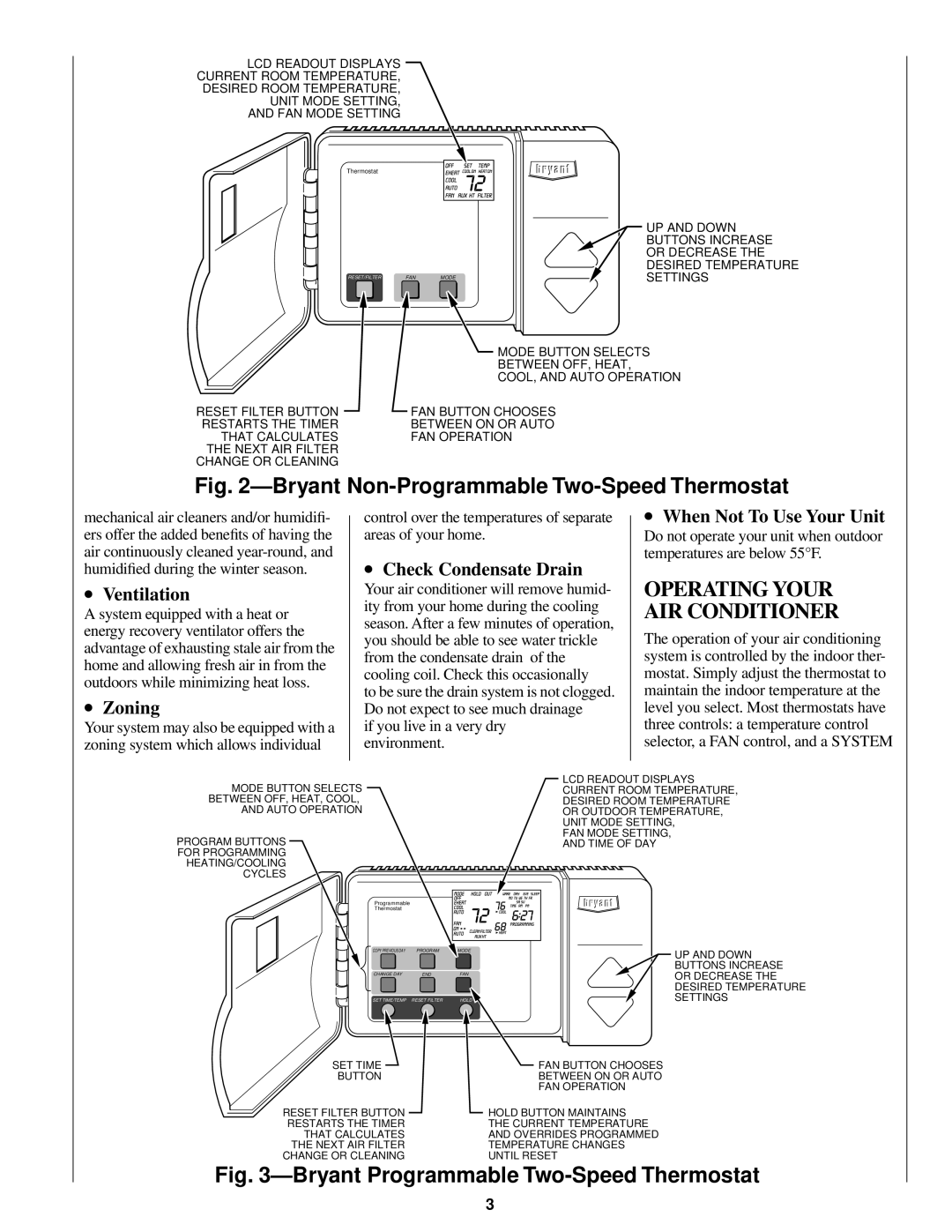 Bryant 598A manual Operating Your AIR Conditioner, Ventilation, Zoning, Check Condensate Drain, When Not To Use Your Unit 