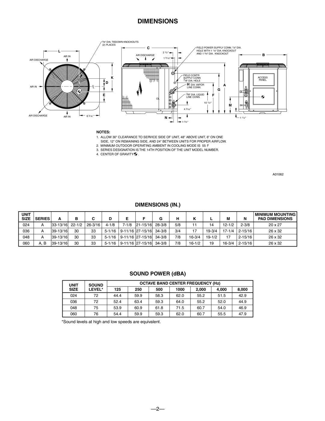 Bryant 598B warranty Dimensions, Unit Minimum Mounting Size, Unit Sound 