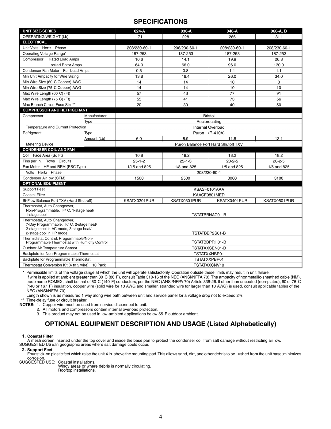 Bryant 598B warranty Specifications, 024-A 036-A 048-A 060-A, B 