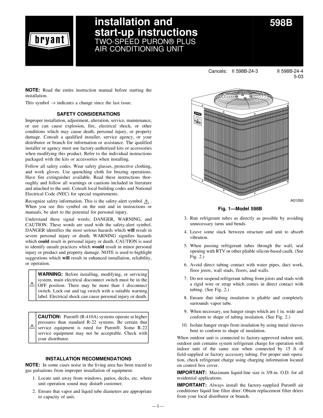 Bryant 598B instruction manual Safety Considerations, Installation Recommendations 