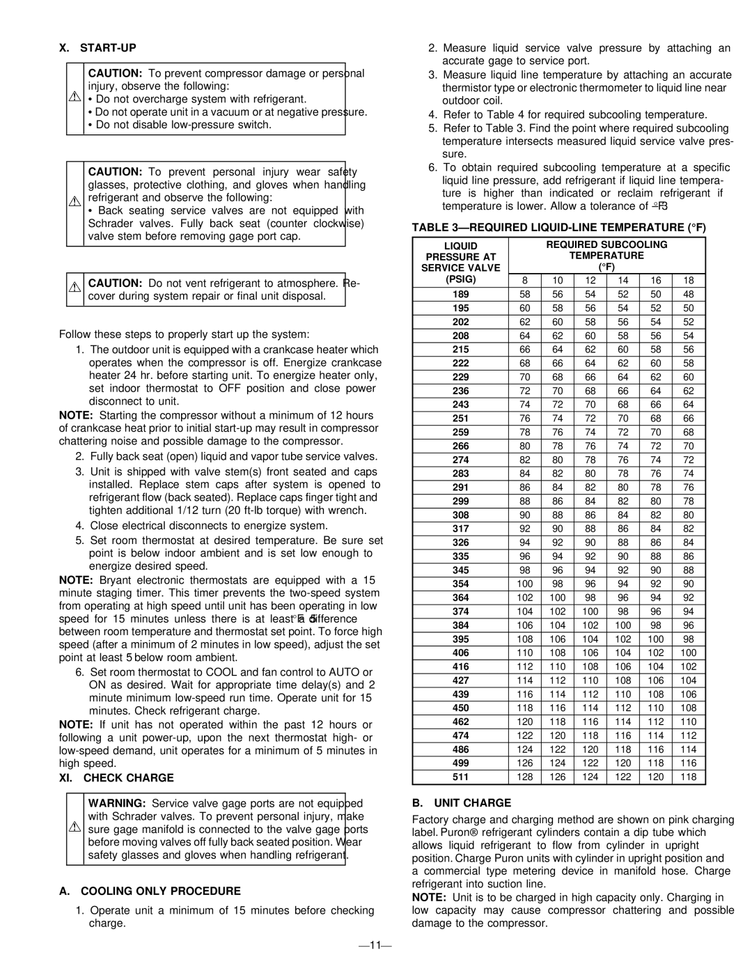 Bryant 598B Start-Up, XI. Check Charge Cooling only Procedure, Required LIQUID-LINE Temperature F, Unit Charge 