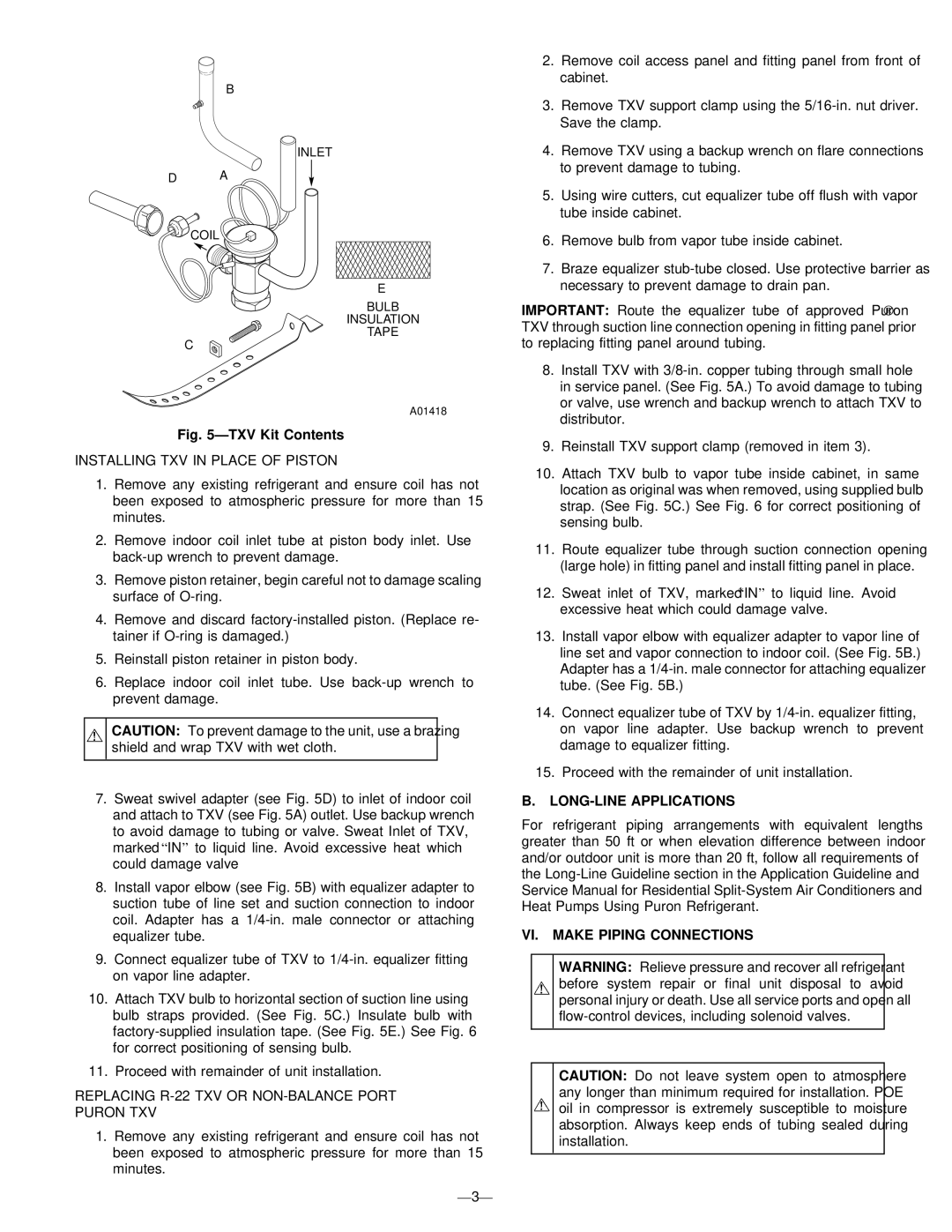 Bryant 598B instruction manual Installing TXV in Place of Piston, Replacing R-22 TXV or NON-BALANCE Port Puron TXV 