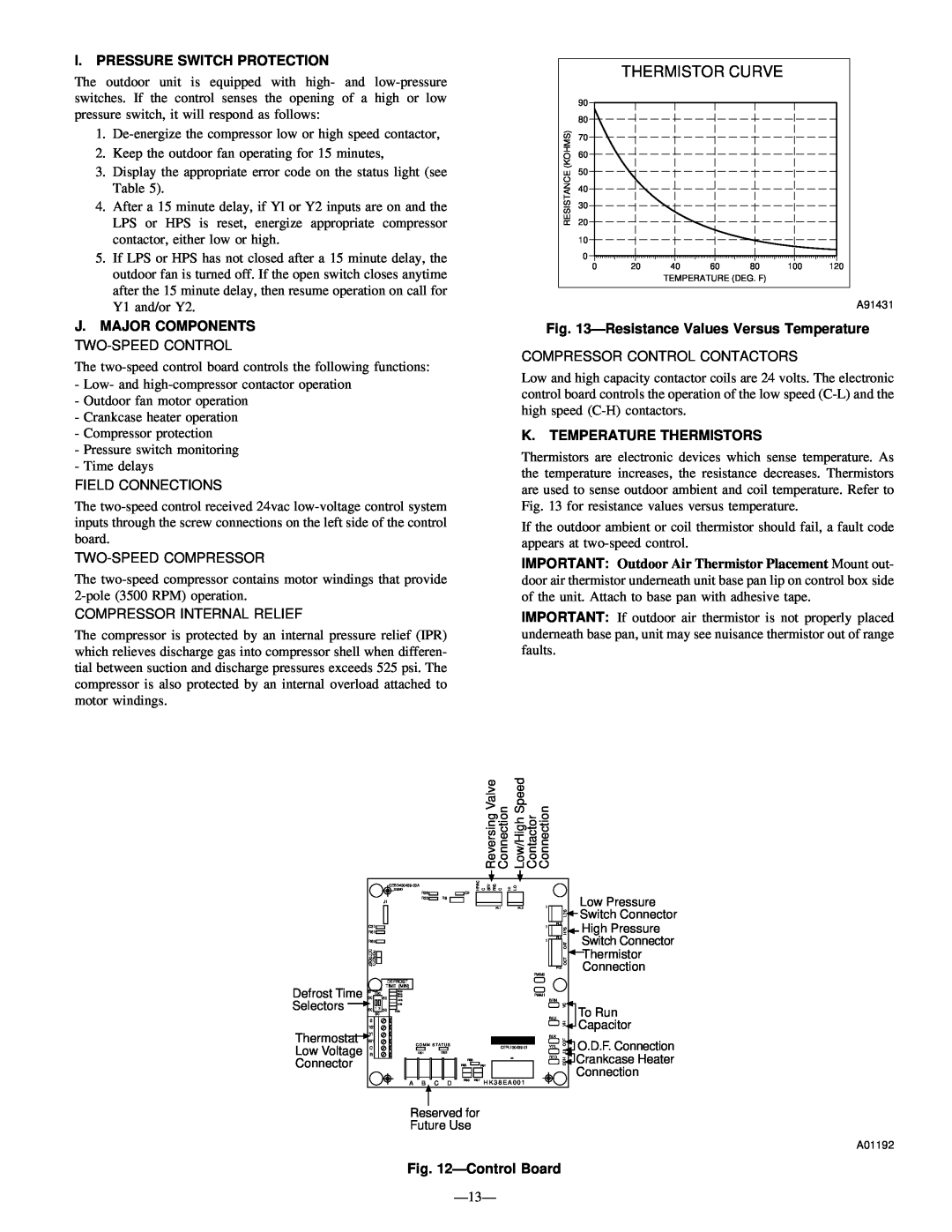 Bryant 598B Thermistor Curve, I. Pressure Switch Protection, J. Major Components, Resistance Values Versus Temperature 