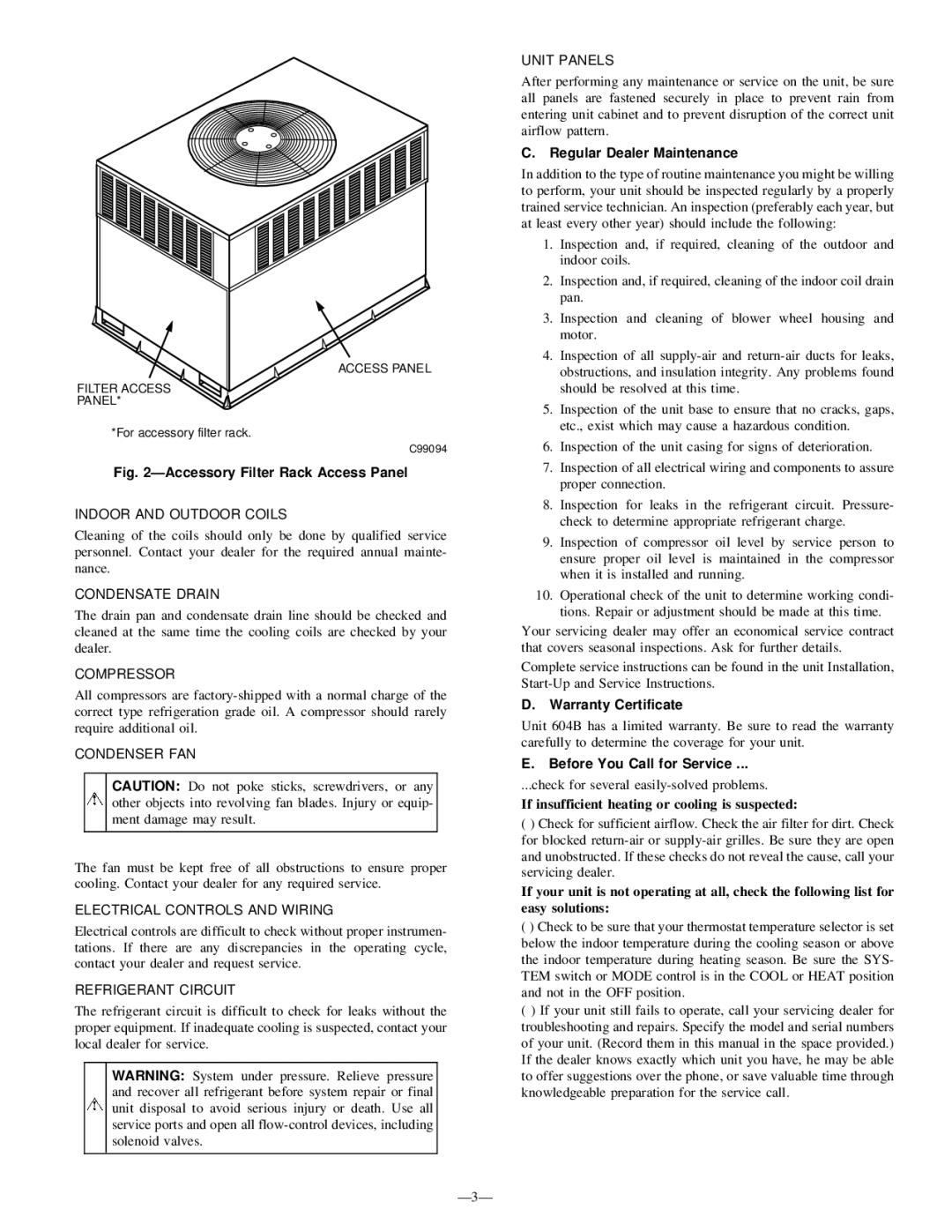 Bryant 604B instruction manual Regular Dealer Maintenance, Warranty Certificate, Before You Call for Service 