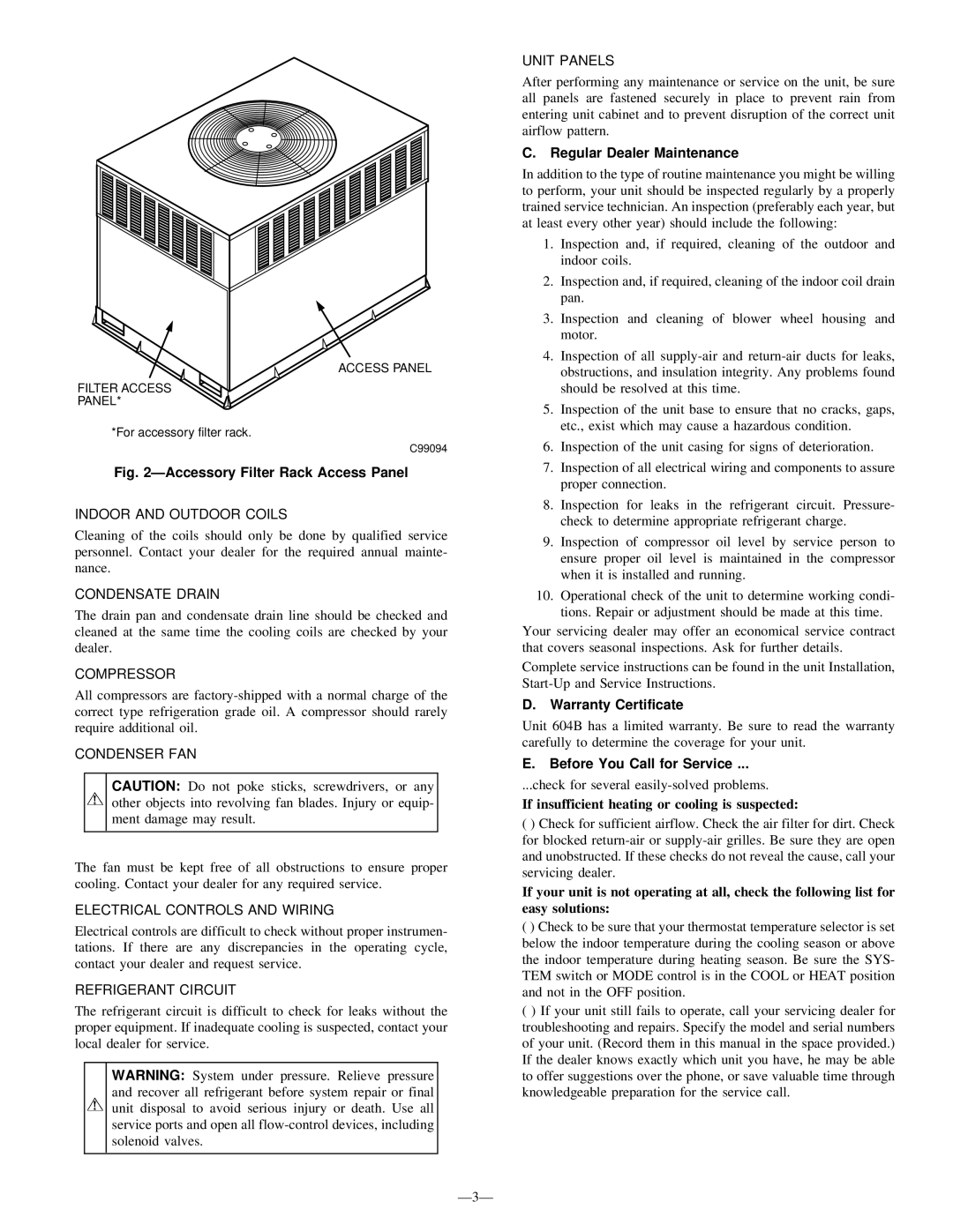 Bryant 604B instruction manual ÐAccessory Filter Rack Access Panel, C.Regular Dealer Maintenance, D.Warranty Certificate 