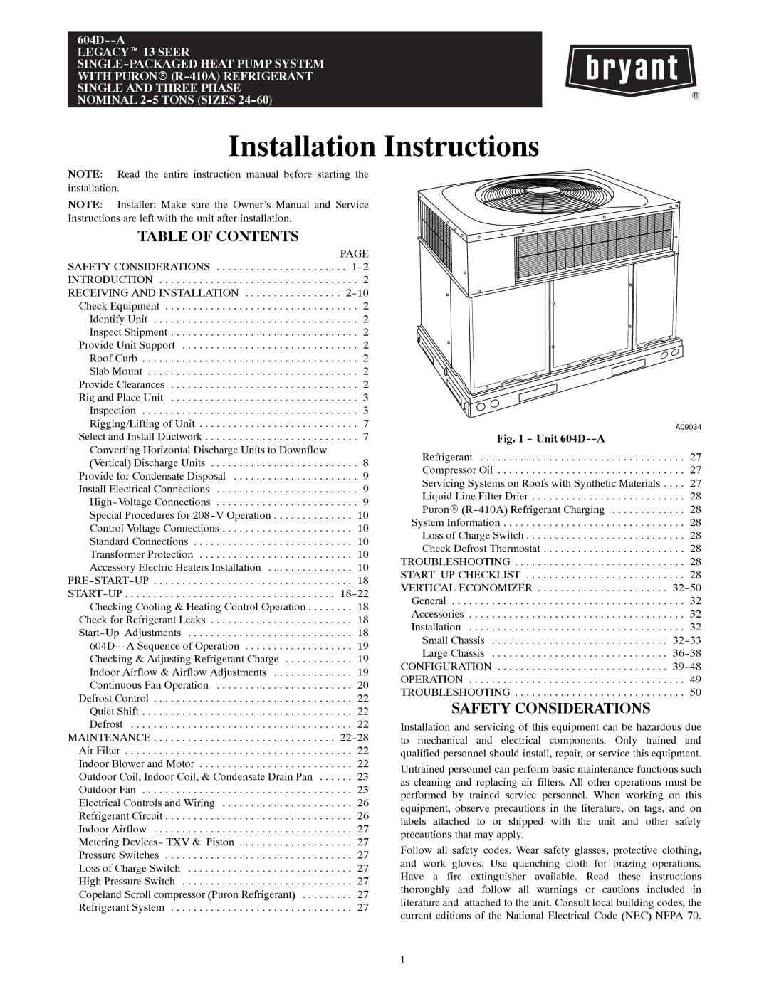 Bryant 604D--A installation instructions Table of Contents, Safety Considerations 