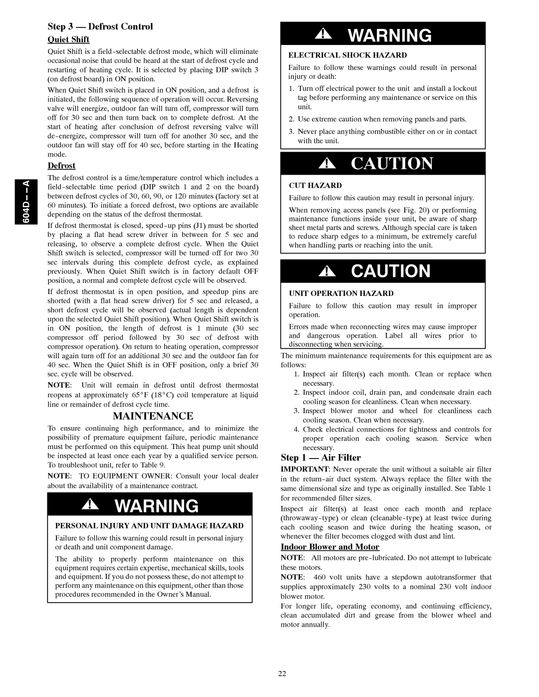 Bryant 604D--A installation instructions Maintenance, Defrost Control, Air Filter 