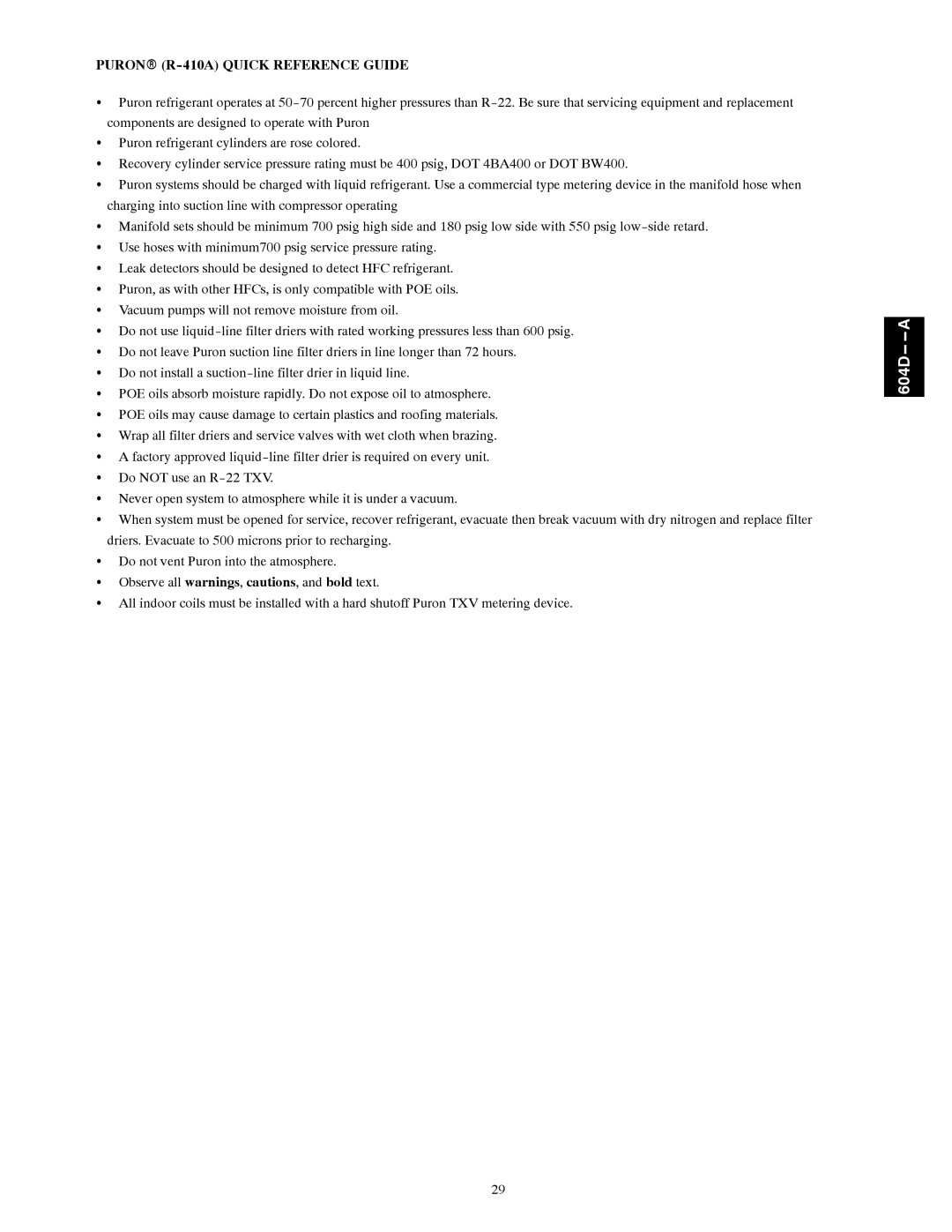 Bryant 604D--A installation instructions Puronr R-410A Quick Reference Guide 