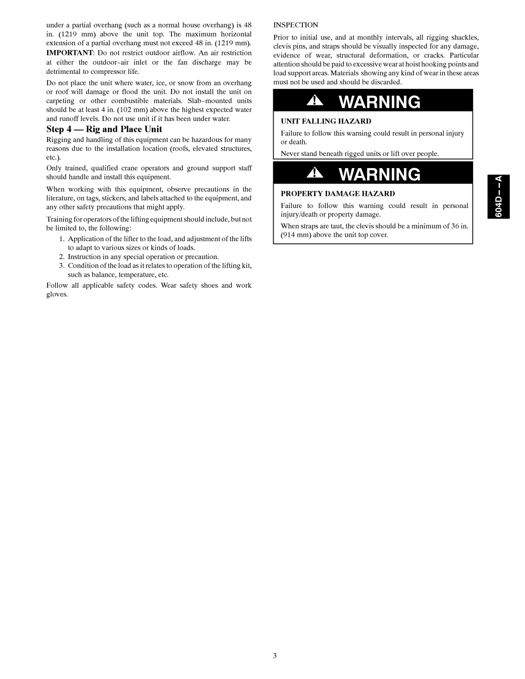 Bryant 604D--A installation instructions Rig and Place Unit, Unit Falling Hazard, Property Damage Hazard 