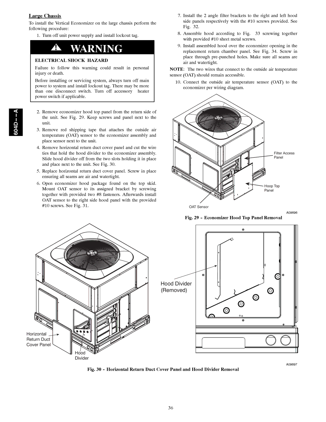 Bryant 604D--A installation instructions Large Chassis, Horizontal Return Duct Cover Panel and Hood Divider Removal 