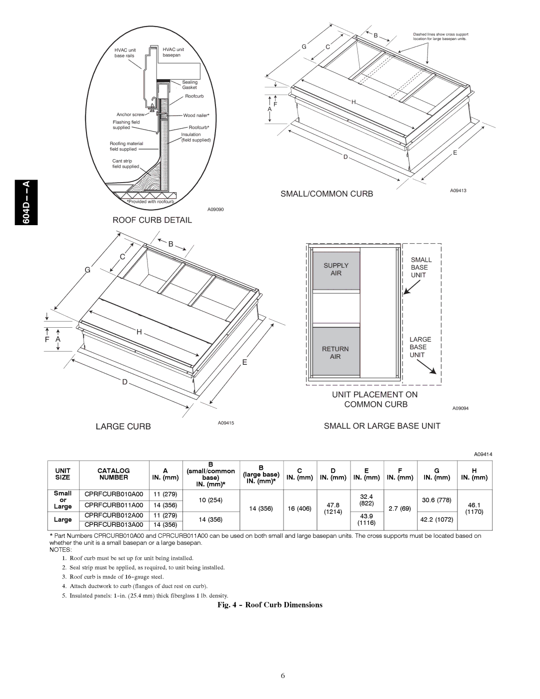 Bryant 604D--A installation instructions Size, CPRFCURB010A00, CPRFCURB012A00, CPRFCURB013A00 