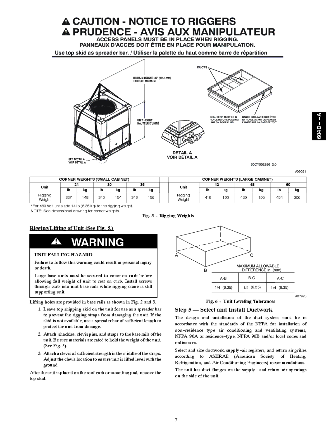 Bryant 604D--A installation instructions Select and Install Ductwork, Rigging/Lifting of Unit See Fig 