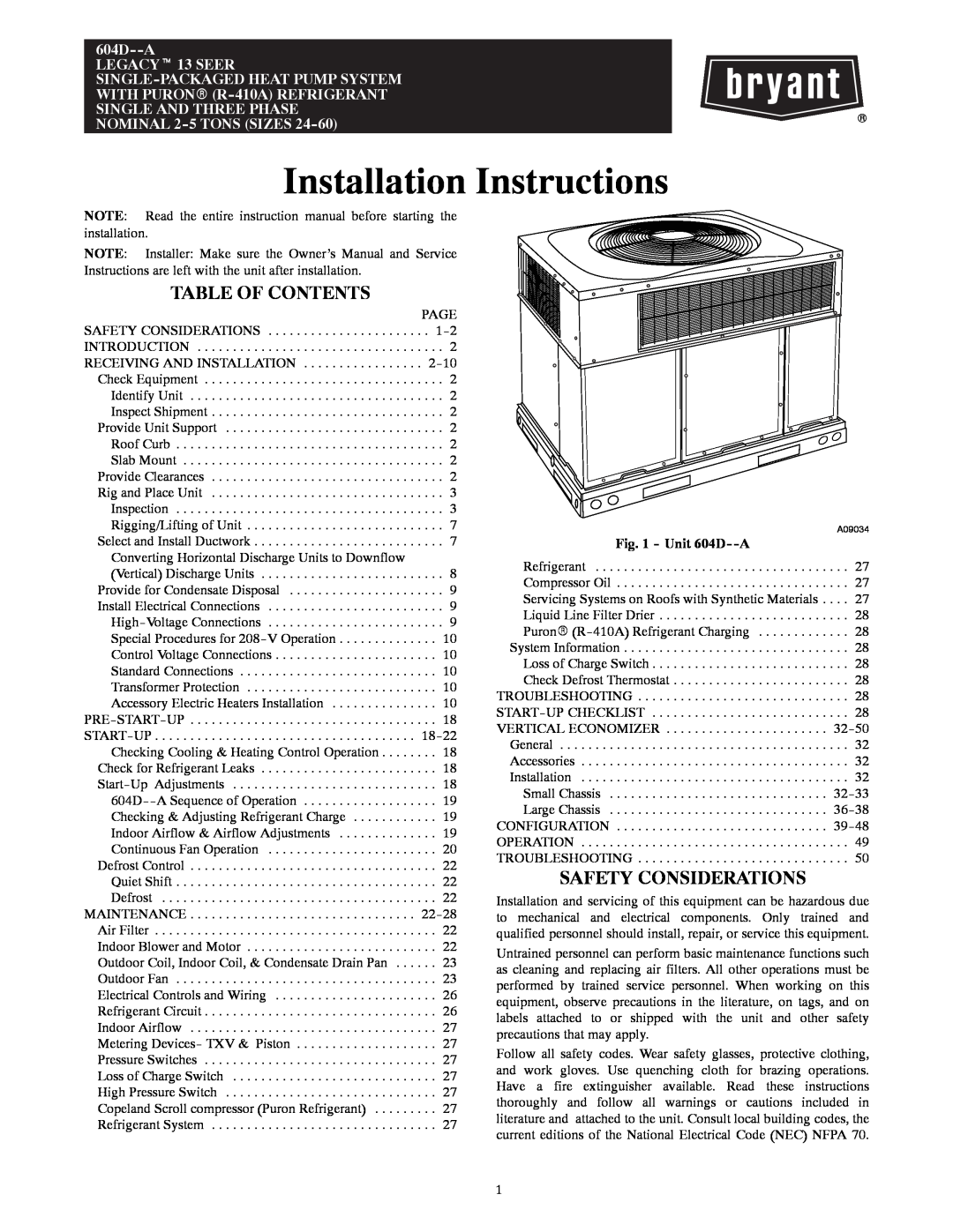 Bryant installation instructions Table Of Contents, Safety Considerations, Unit 604D--A, Installation Instructions 