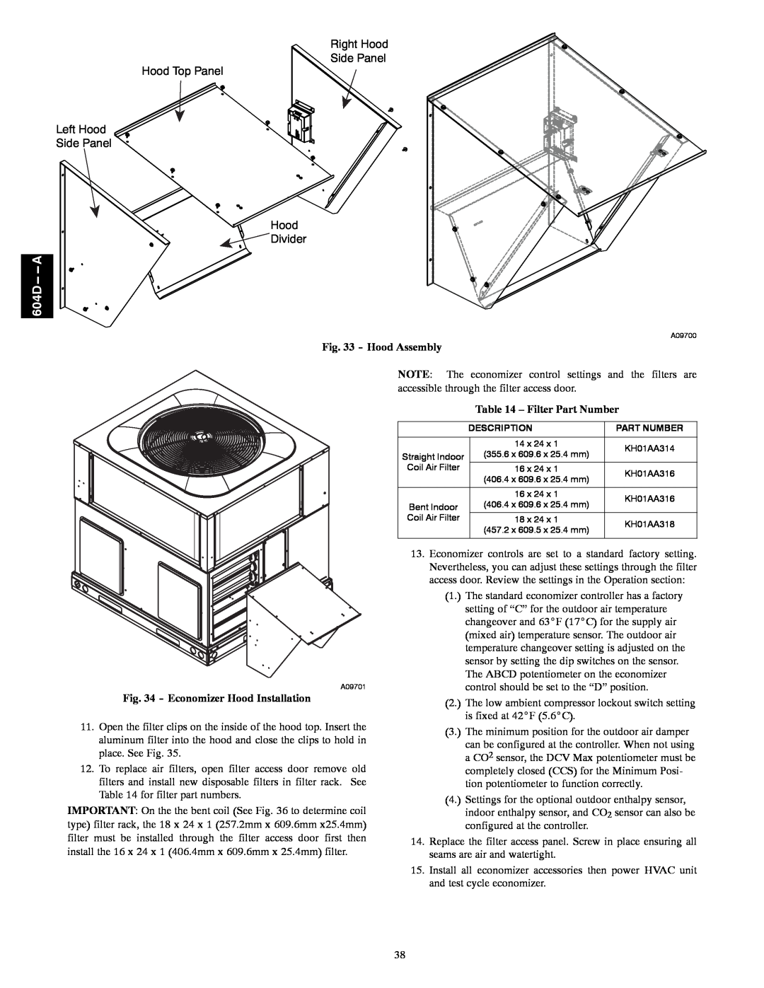 Bryant 604D--A installation instructions Hood Assembly, Economizer Hood Installation, Filter Part Number, 604D-- --A 