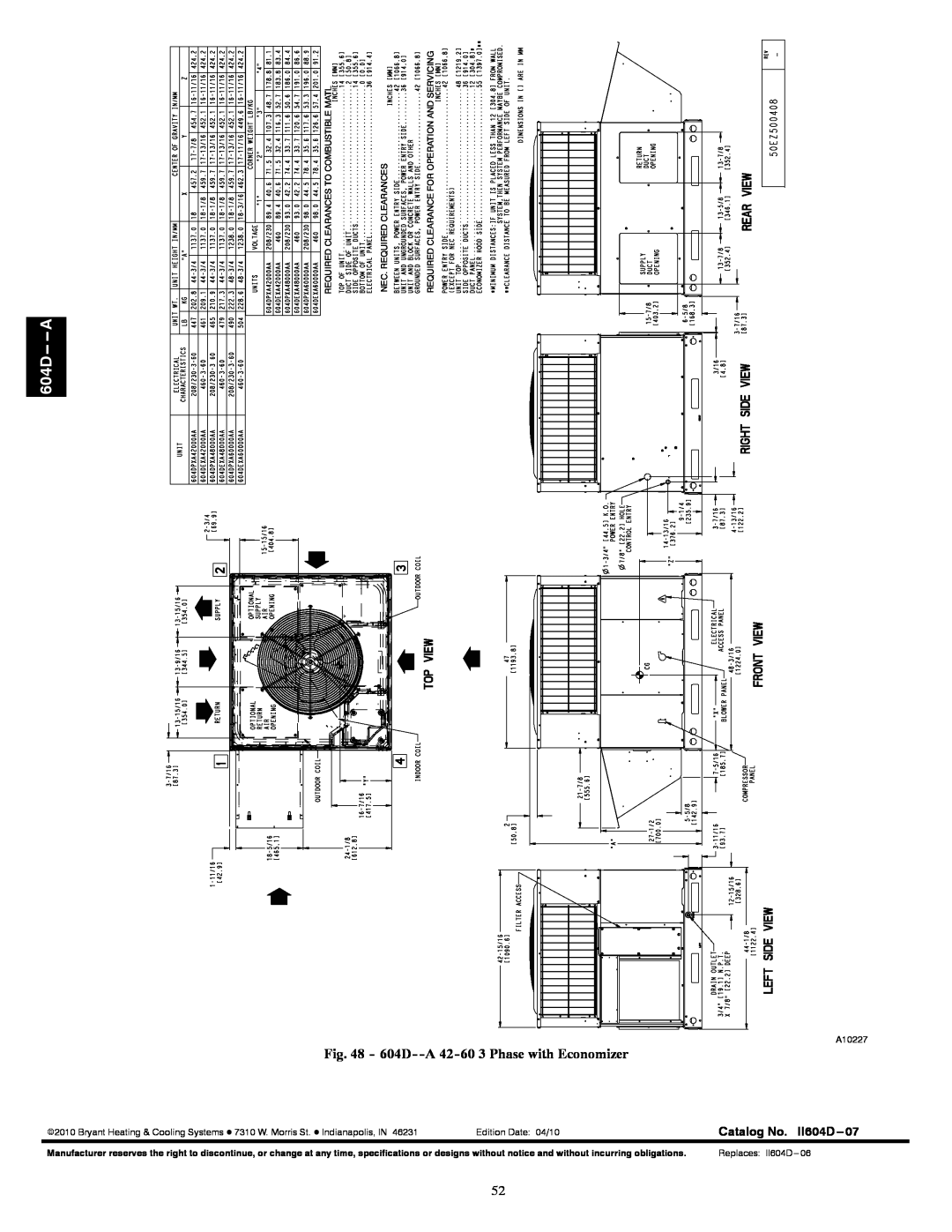 Bryant installation instructions 604D--A 42-603 Phase with Economizer, 604D-- --A, Catalog No, II604D---07 