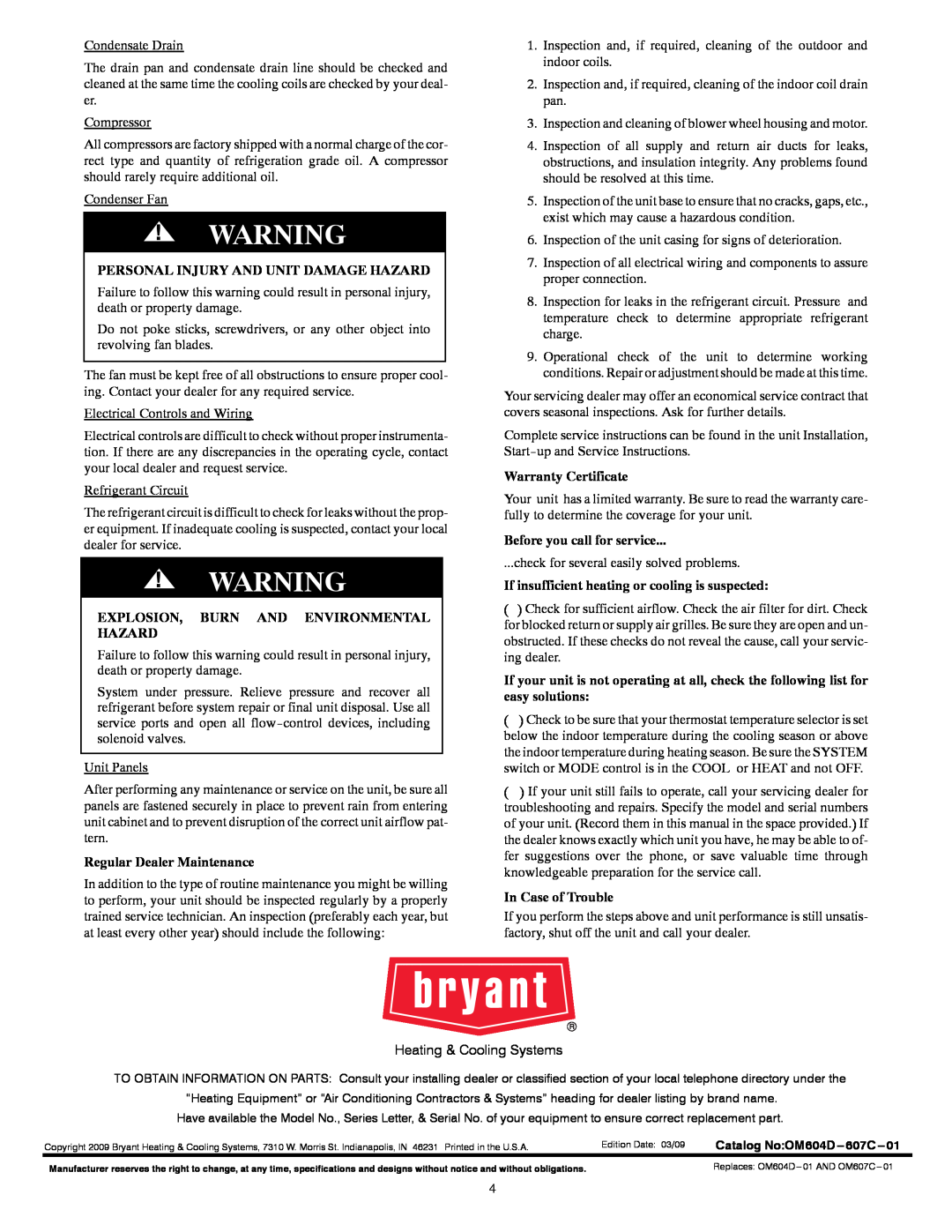 Bryant 604D Personal Injury And Unit Damage Hazard, Explosion, Burn And Environmental Hazard, Regular Dealer Maintenance 
