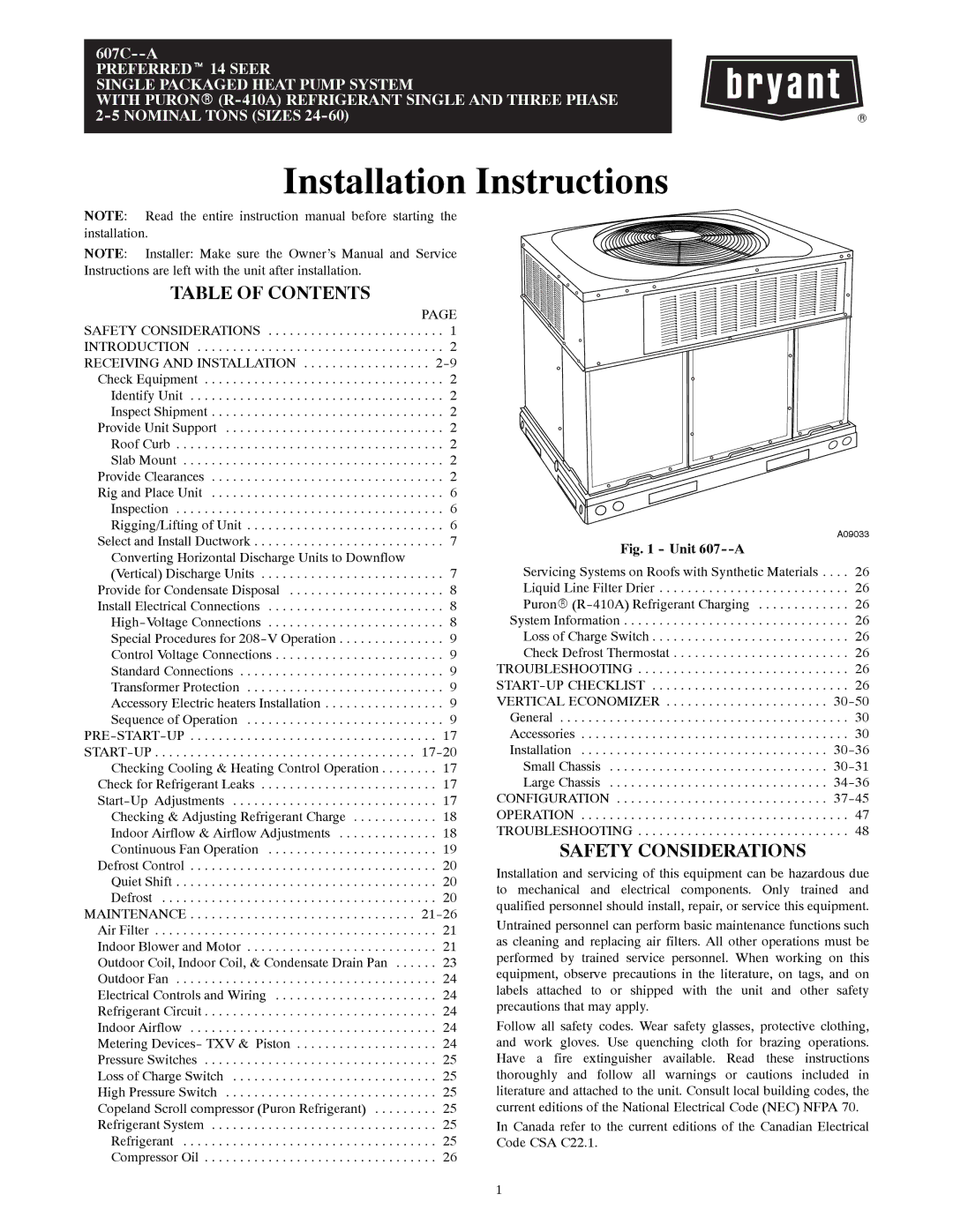 Bryant 607C-A installation instructions Table of Contents, Safety Considerations 