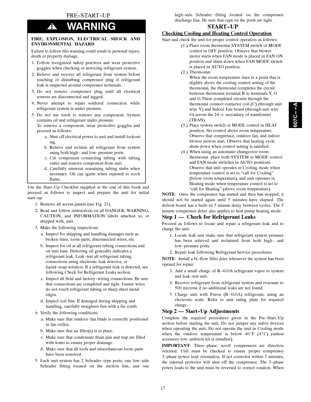 Bryant 607C-A Check for Refrigerant Leaks, Start-Up Adjustments, Checking Cooling and Heating Control Operation 