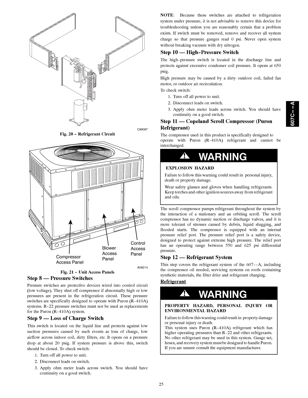 Bryant 607C-A Pressure Switches, Loss of Charge Switch, High-Pressure Switch, Copeland Scroll Compressor Puron Refrigerant 