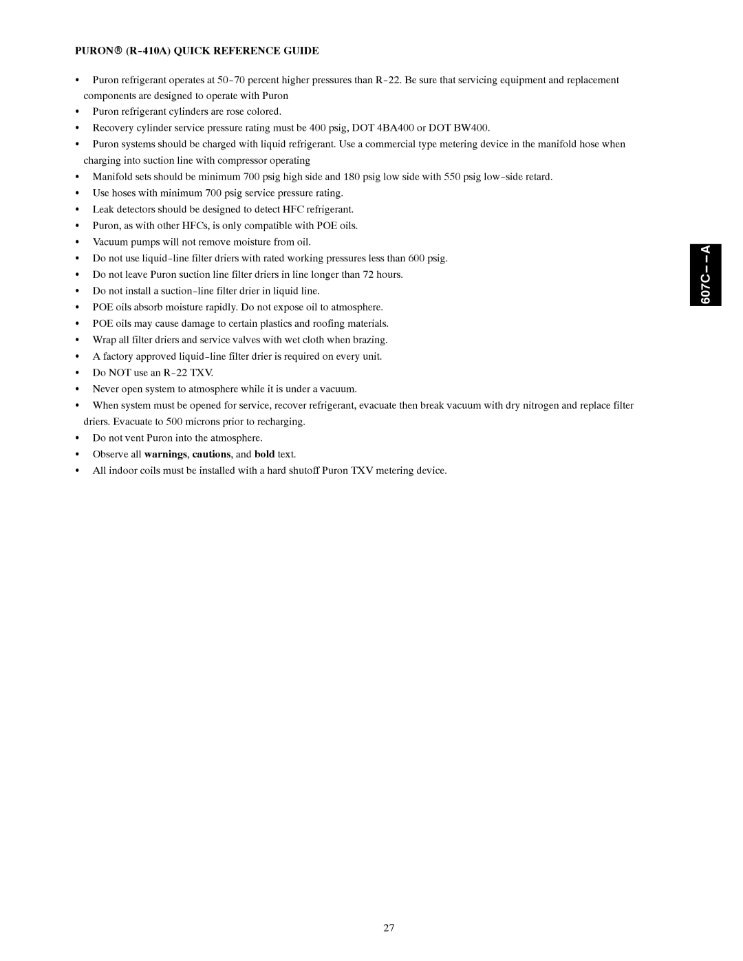 Bryant 607C-A installation instructions Puronr R-410A Quick Reference Guide 