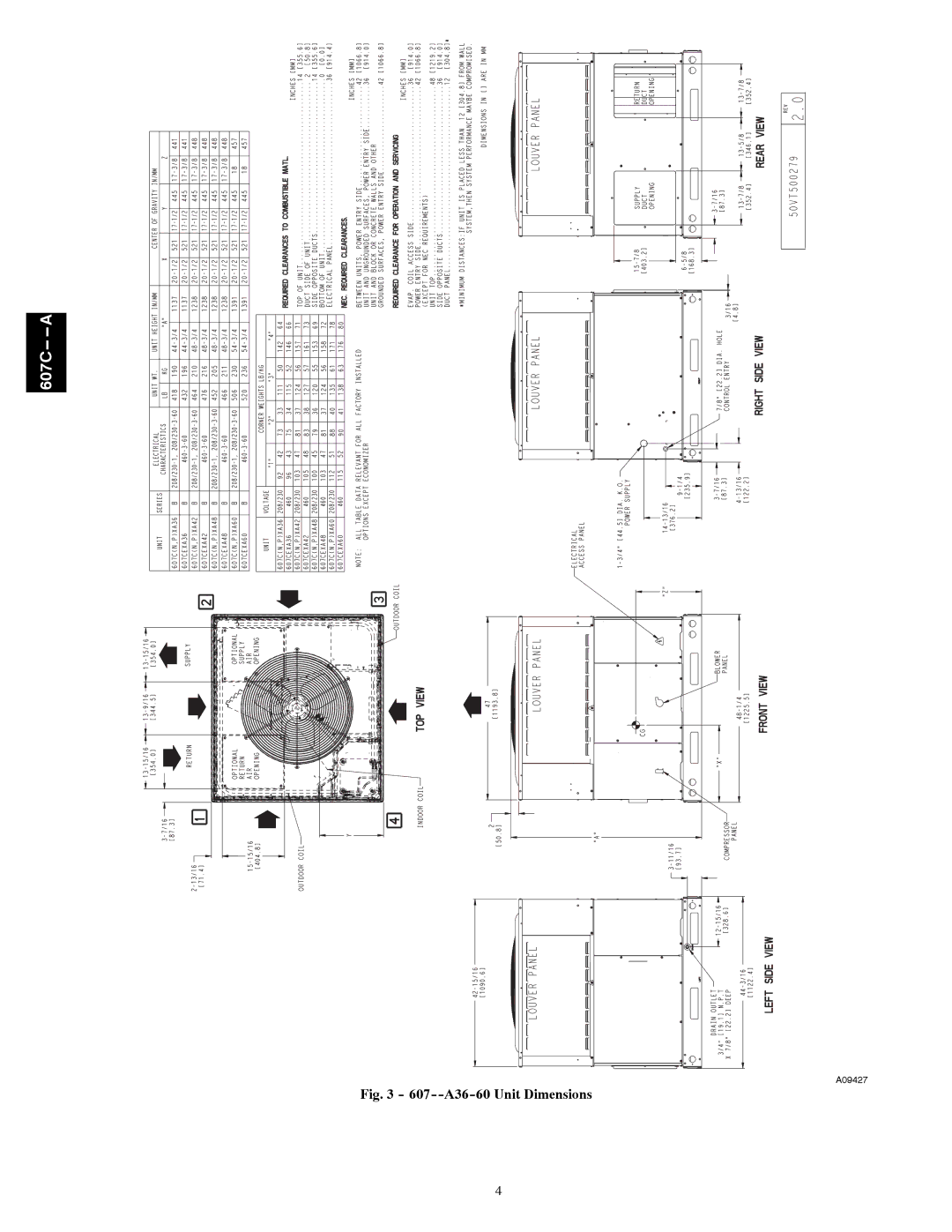 Bryant 607C-A installation instructions 607--A36-60 Unit Dimensions 