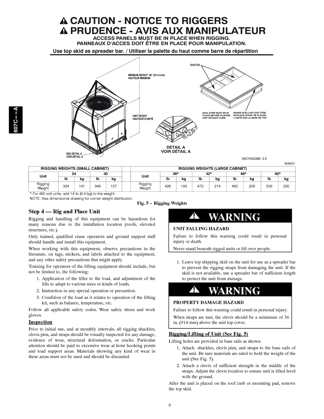 Bryant 607C-A Rig and Place Unit, Inspection, Rigging/Lifting of Unit See Fig, Unit Falling Hazard, Property Damage Hazard 