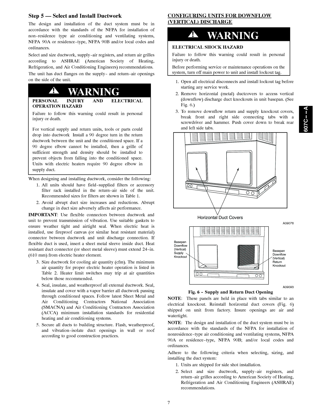 Bryant 607C-A installation instructions Select and Install Ductwork, Personal Injury and Electrical Operation Hazard 