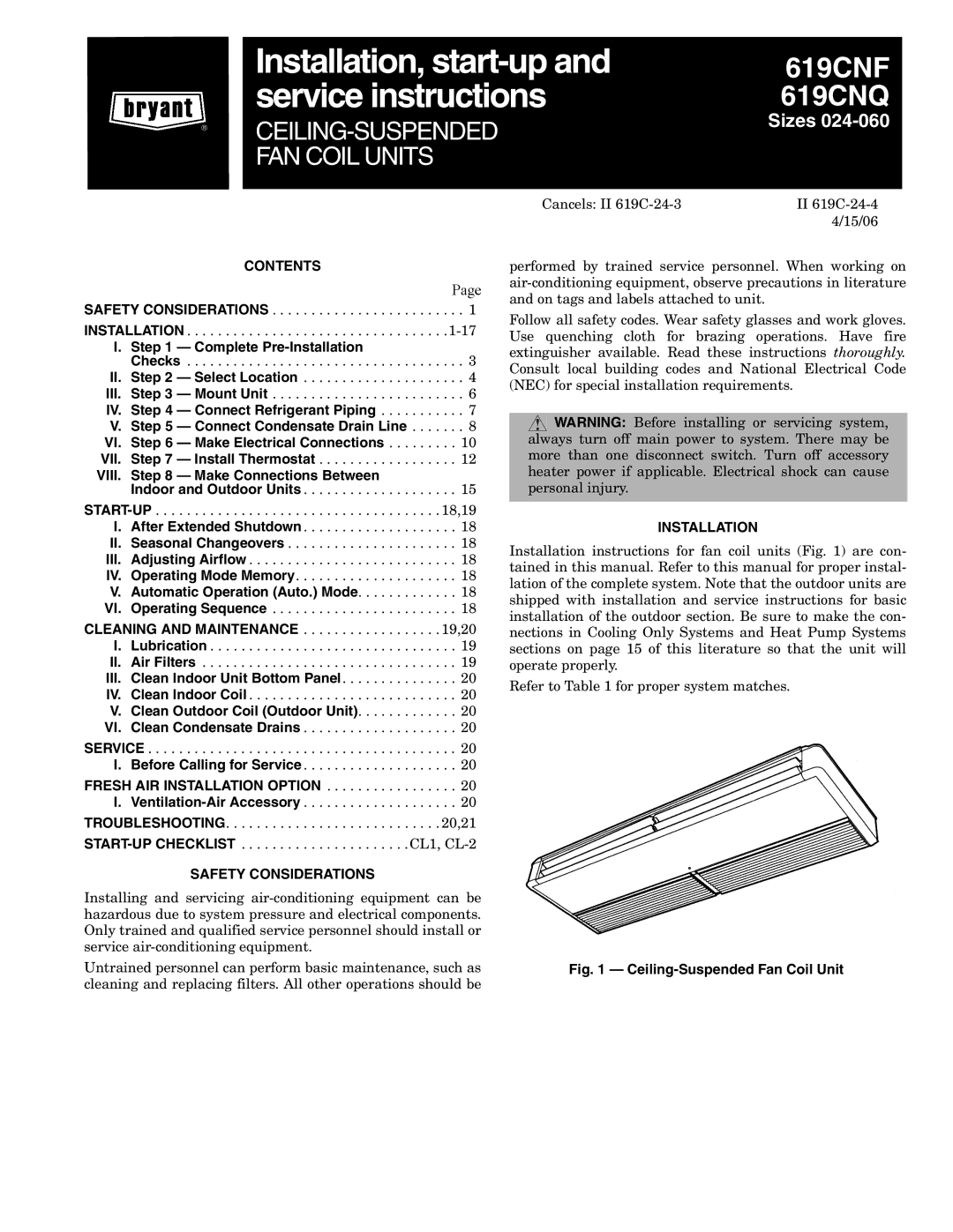 Bryant 619CNQ, 619CNF installation instructions Contents, Safety Considerations, Installation 