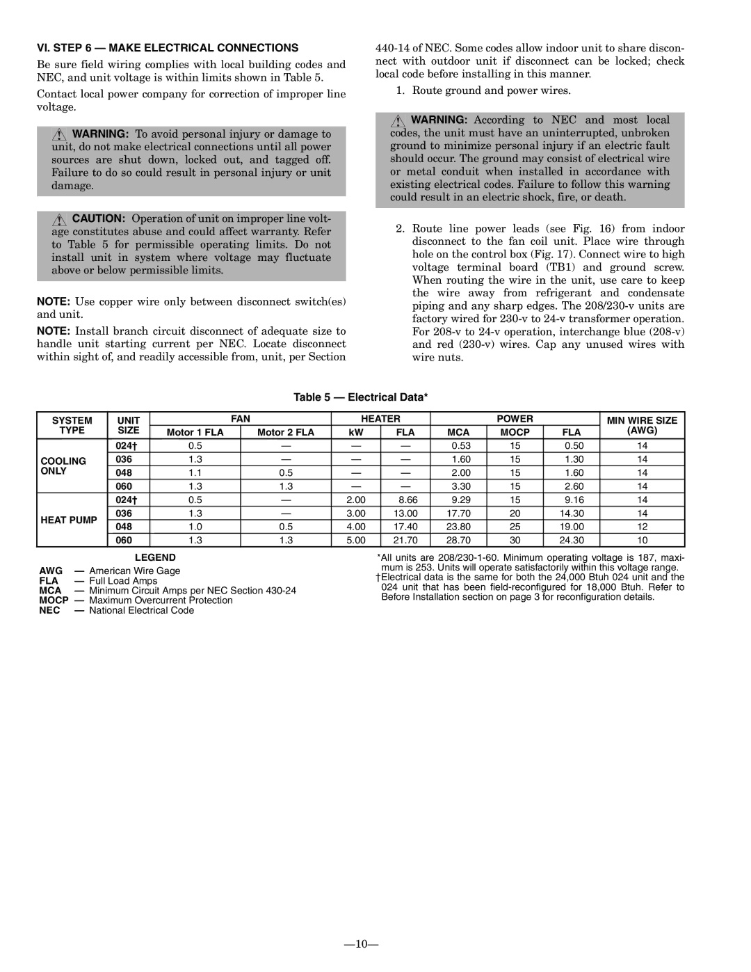 Bryant 619CNF, 619CNQ installation instructions VI. Make Electrical Connections, Electrical Data 