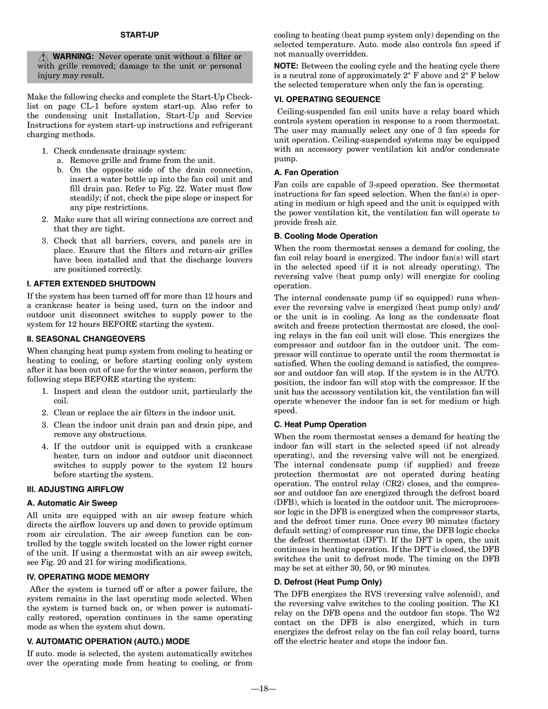 Bryant 619CNF Start-Up, After Extended Shutdown, II. Seasonal Changeovers, III. Adjusting Airflow, VI. Operating Sequence 