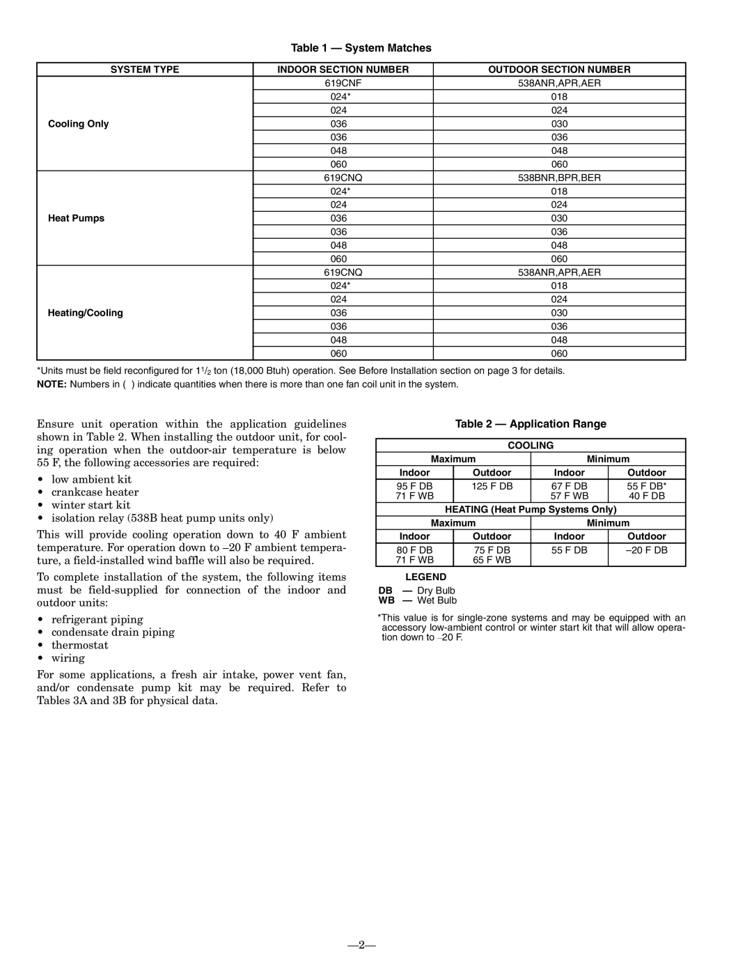 Bryant 619CNF, 619CNQ System Matches, Application Range, System Type Indoor Section Number Outdoor Section Number, Cooling 