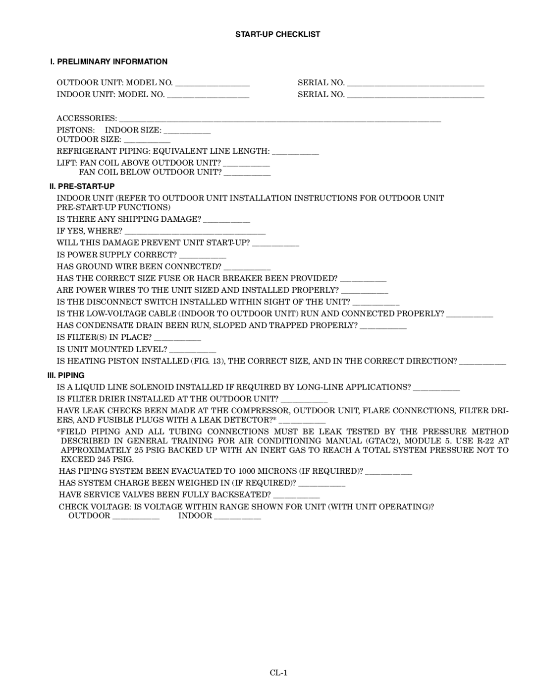 Bryant 619CNQ, 619CNF installation instructions START-UP Checklist Preliminary Information, Ii. Pre-Start-Up, III. Piping 