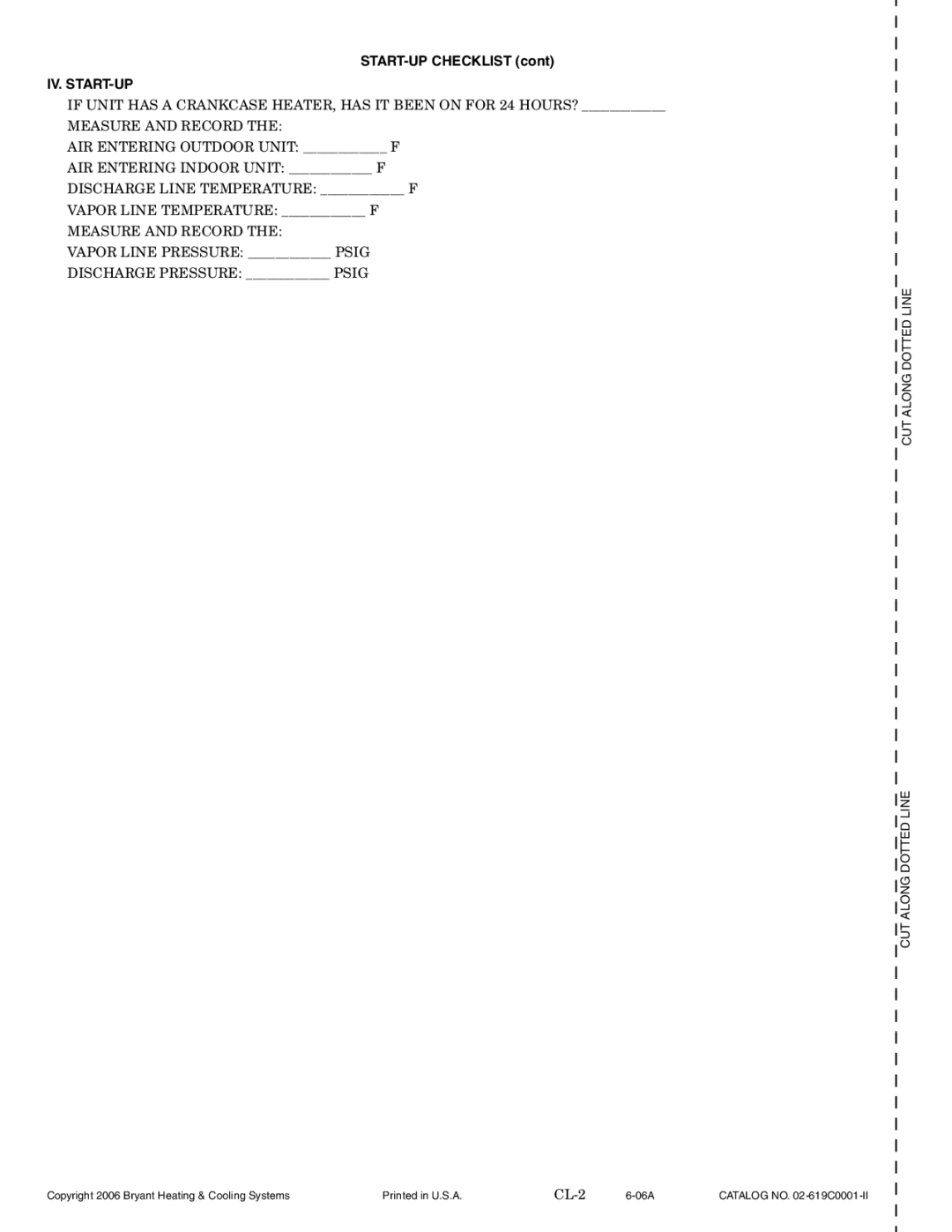 Bryant 619CNF, 619CNQ installation instructions START-UP Checklist, Iv. Start-Up 