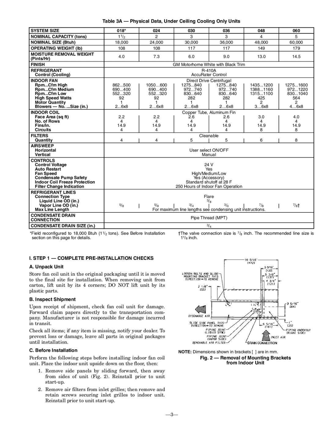 Bryant 619CNQ, 619CNF Physical Data, Under Ceiling Cooling Only Units, Complete PRE-INSTALLATION Checks, Unpack Unit 