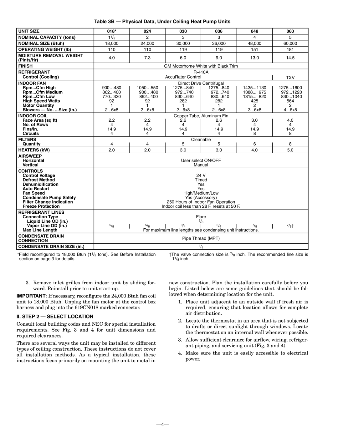 Bryant 619CNF, 619CNQ installation instructions Physical Data, Under Ceiling Heat Pump Units, II. Select Location, Unit Size 