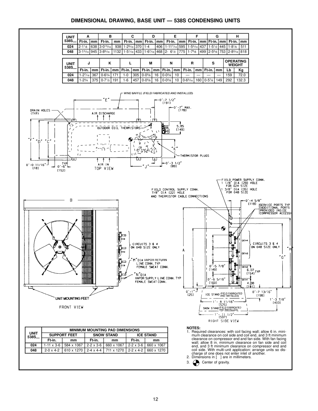 Bryant 619E manual Dimensional DRAWING, Base Unit Ð 538S Condensing Units, 048, 538S Ft-in 024 